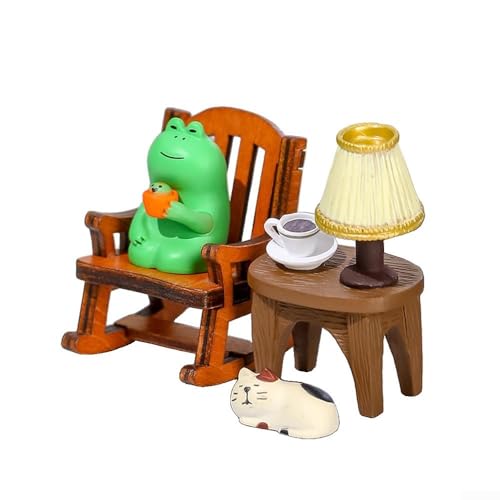 Einzigartige Mini-Frosch-Schaukelstuhl-Dekoration für Zuhause und Büro, skurrile PVC- und Holzornamente (E) von VRTYVEYBB