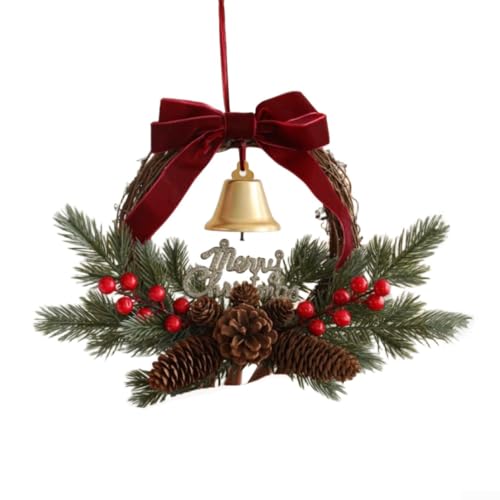 Festlicher Weihnachtskranz aus Rattan mit Glocken und Schleifen, mit natürlichen Kiefernelementen, zum Aufhängen an Tür oder Fenster, um die Weihnachtsdekoration zu ergänzen (C) von VRTYVEYBB