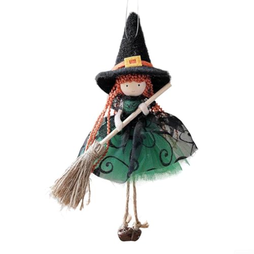 Halloween-Hexenbaum-Ornament mit Besen zum Aufhängen, verschönert gruselige und skurrile Urlaubsdekoration (grün) von VRTYVEYBB
