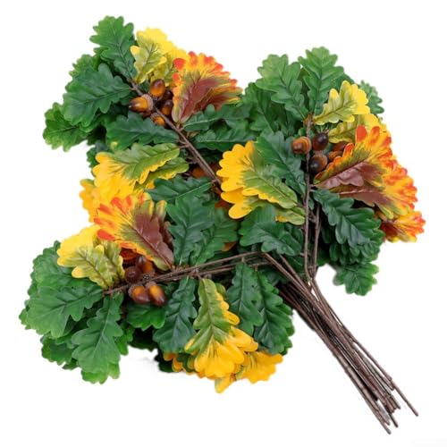 Kunststoff-Zweig-Wanddekoration mit mehrfarbigen simulierten Eichenblättern und geklebten Früchten, 12 Stück, für den Innen- und Außenbereich (Gelbgrün) von VRTYVEYBB