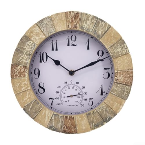 Lautlose 25.4 cm Wanduhr mit Thermometer, wetterfestes Design für Innen- und Außenräume, IP44 staub- und wasserabweisend, geeignet für Veranda, Bad und Garteninstallation (Stil 1) von VRTYVEYBB