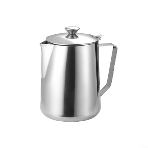 Milchaufschäumkrug mit Deckel, Edelstahlmaterial, geeignet zum Aufschäumen von Milch für Espresso, Cappuccino oder Latte mit komfortablem Griff-Design (350 ml) von VRTYVEYBB