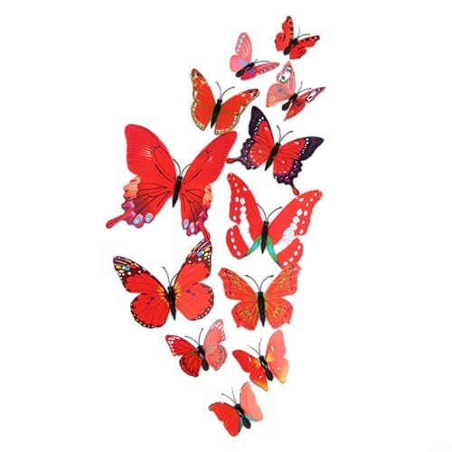 Schmetterling Wandaufkleber 3D Aufkleber Set 12 Stück für Schlafzimmer und Haus Dekoration Outdoor Balkon Garten Wetterbeständig (Rot) von VRTYVEYBB