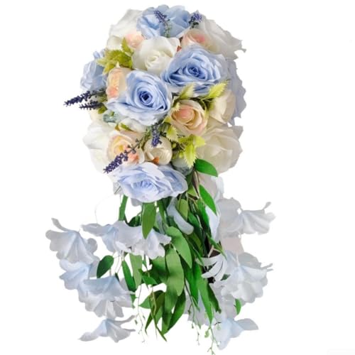 Wasserfall-Hochzeitsstrauß aus künstlichen Seidenrosen, entworfen, um Form und Lebendigkeit bei Brautveranstaltungen und Fotos zu erhalten (blau) von VRTYVEYBB