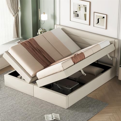 VRYGLEN Boxspringbett 180x200, Polsterbett, Hebebett mit Stauraum, Flaches Bett mit kopfteil (Beige) von VRYGLEN