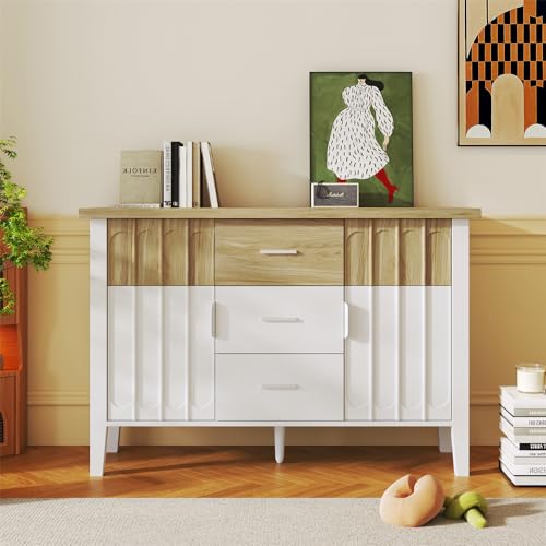 VRYGLEN Holz Sideboard mit Türen und Schubladen, Kommode mit Konvexe strukturierte Paneele, Modernes Design 120x40x80cm（Weiß und Holzfarbe） von VRYGLEN