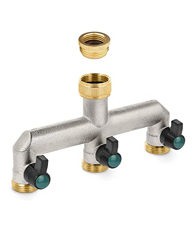 VReder 3-Wege Verteiler, Wasserverteiler 3 Wege aus Messing3/4 Zoll und 1/2 Zoll Schlauch Wasserhahn Verteiler mit einzelnen Ein-/Aus-Ventilen für Timer und Gartenschläuche von VReder