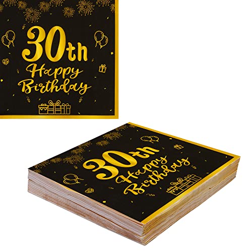 VReder Servietten 30 Geburtstag, Schwarz Gold Papier Party Servietten, Happy Birthday 30. Servietten für Mann Frau Geburtstag Feiern Party Decorations 40 Stück von VReder