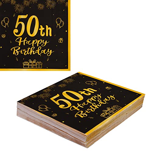 VReder Servietten 50 Geburtstag, Schwarz Gold Papier Party Servietten, Happy Birthday 50. Servietten für Mann Frau Geburtstag Feiern Party Decorations 40 Stück von VReder