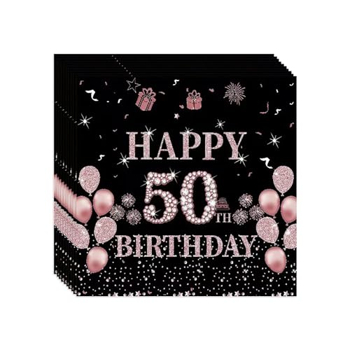 VReder Servietten 50 Geburtstag, Schwarz Roségold Papier Party Servietten, Happy Birthday 50. Servietten für Mädchen Frau Frauen Geburtstag Feiern Party Decorations 40 Stück von VReder