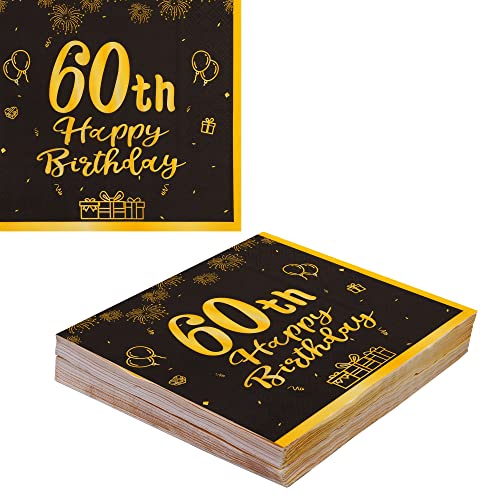 VReder Servietten 60 Geburtstag, Schwarz Gold Papier Party Servietten, Happy Birthday 60. Servietten für Mann Frau Geburtstag Feiern Party Decorations 40 Stück von VReder