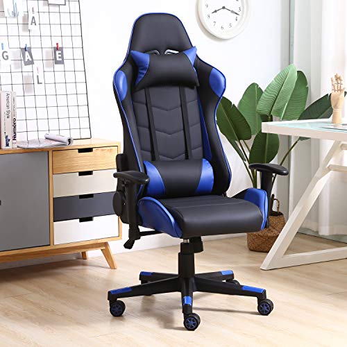 VS Venta-stock Bürosessel Gaming Professional Racer Blue, Stuhl mit Kopfstütze und Lendenkissen (Kunstleder, höhenverstellbar und höhenverstellbar, verstellbare Armlehnen, Liegefläche 180º) von VS Venta-stock