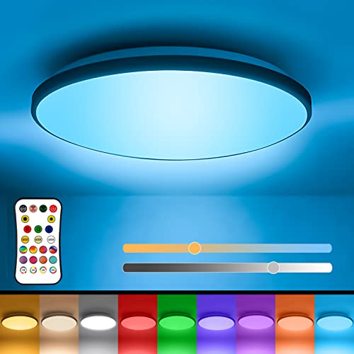 VSATEN LED Deckenleuchte Dimmbar, 24W Rund RGB Deckenlampe Farbwechsel mit Fernbedienung für Schlafzimmer Wohnzimmer Küche Balkon, 3000K/4000K/6500K Deckenlampe mit Timer, 2000LM, Ø30cm von VSATEN