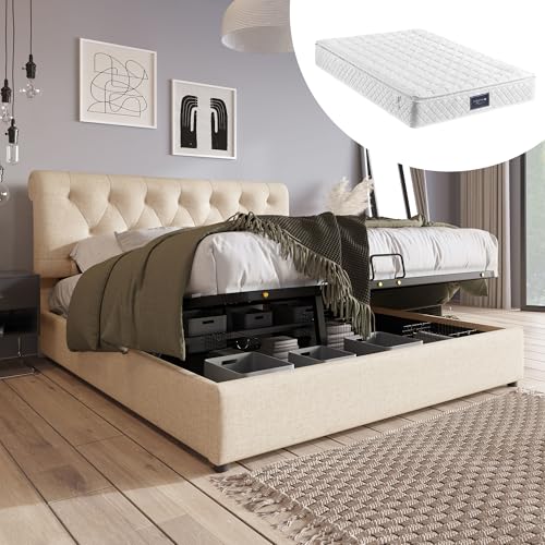 VSOGA (=777898AAN) Hydraulisch Polsterbett 140x200cm,Verstellbares Kopfteil Doppelbett, Bett mit Lattenrost aus Metallrahmen, Modernes Bettgestell mit Stauraum, Natürlich, Inklusive Matratze von VSOGA