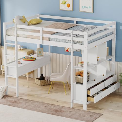 VSOGA =(WX000701AAK-1) Hochbett, 140 x 200cm Kinderhochbett mit Stauraumschubladen und Unterbettschreibtisch, Ohne Matratze, Weiß von VSOGA