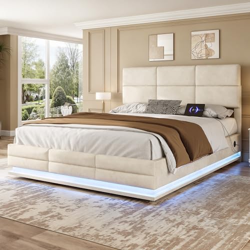 VSOGA 140 x 200cm Bettgestell aus weichem Samt mit USB Type C Ladefunktion und LED Beleuchtung, Hydrauliksystem Stauraum Bettgestell aus Samtmaterial Jugendbett mit Lattenrost, Beige von VSOGA