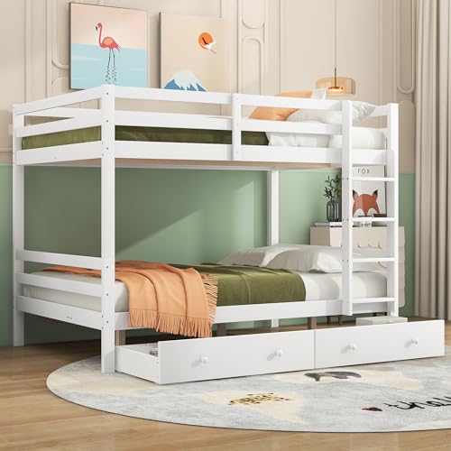 VSOGA 140x200 cm Etagenbett Kinderbetten mit Schubladen, Stauraum, Hohe Geländer, Weiß von VSOGA