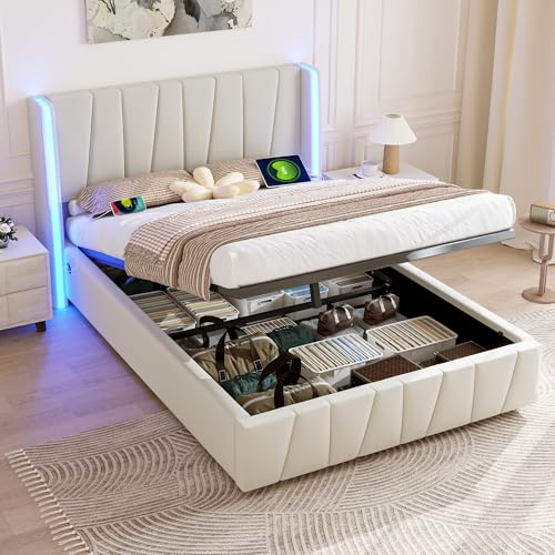 VSOGA 160 x 200cm Moderner Bettrahmen, Samtstoff, USB-Anschlüsse an den Seiten, Silikon-Lichtleisten-Design, Hydraulikeinheit, extra großer Stauraum im Sockel, Beige von VSOGA