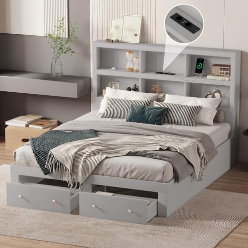 VSOGA 160x200cm Doppelbett, Massivholz, Kingsize-Plattformbett mit Zwei Schubladen am Fußende des Bettes, Kopfteil mit Stauraum, Grau VSOGA 160x200cm Doppelbett, Massivholz, Kingsize-Plattformbett mit Zwei Schubladen am Fußende des Bettes, Kopfteil mit Stauraum, Grau von VSOGA