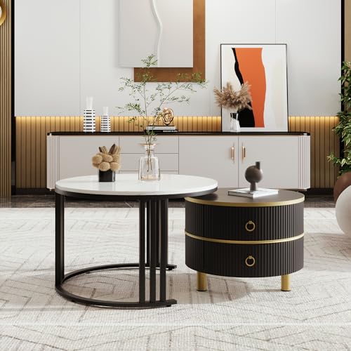 VSOGA 2-in-1 runder MDF-Couchtisch, Beistelltisch mit glänzender Platte und weißer Marmorplatte, Wohnzimmer-Couchtischkombination mit 2 Schubladen, 70 * 70 * 46 + 50 * 50 * 40 cm VSOGA 2-in-1 runder MDF-Couchtisch, Beistelltisch mit glänzender Platte und weißer Marmorplatte, Wohnzimmer-Couchtischkombination mit 2 Schubladen, 70 * 70 * 46 + 50 * 50 * 40 cm von VSOGA