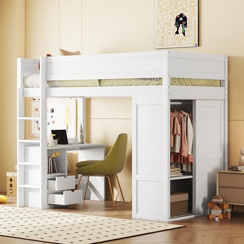 VSOGA 90x200 cm Hochbett, vielseitiges Kinderbett, ausgestattet mit Kleiderschrank, Schreibtisch und Schubladen, Weiß von VSOGA