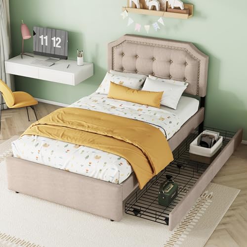 VSOGA 90x200 cm flaches Bett, gepolstertes Bett mit Nachttischpolsterung, dekorative Nieten, doppelte Schubladen, Dunkelbeige von VSOGA