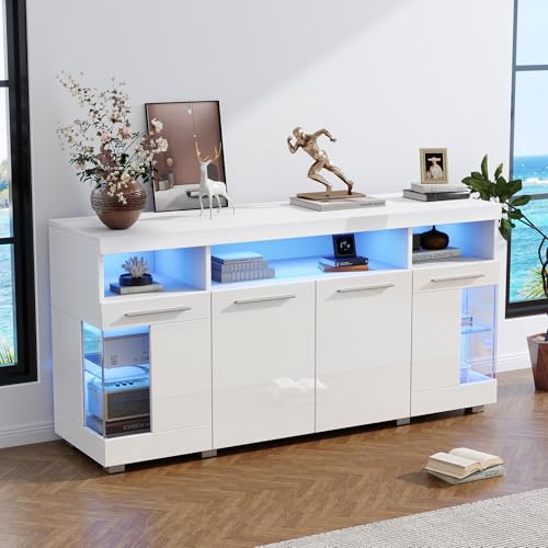 VSOGA Beistelltisch 140x40x70cm, Wohnzimmer Sideboard Hochglanz Weiß mit LED, breites Sideboard aus gehärtetem Glas, 3 Fächer von VSOGA