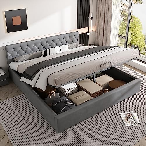 VSOGA Bett mit Bettkasten Samt-Stoff Polsterbett Lattenrost Doppelbett Stauraum Holzfuß (Grau, 180 x 200 cm) von VSOGA