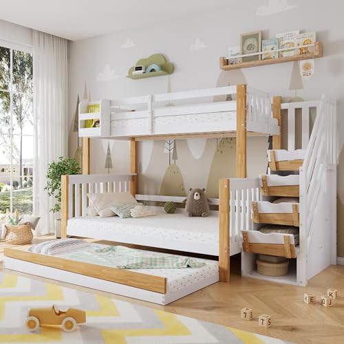 VSOGA Bunk Bed with Safety Rails and Three Bed Positions, roll-Out Bed, Special Door Design, Corner Stairs, Pine + MDF, White + Natural, 90x200 & 120x200 cm VSOGA Bunk Bed with Safety Rails and Three Bed Positions, roll-Out Bed, Special Door Design, Corner Stairs, Pine + MDF, White + Natural, 90x200 & 120x200 cm von VSOGA