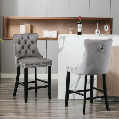 VSOGA Contemporary Velvet upholstered bar stools with Button tufting, Wooden Legs, Chrome Nailhead Trim, Leisure Style, Set of 2, Gray von VSOGA