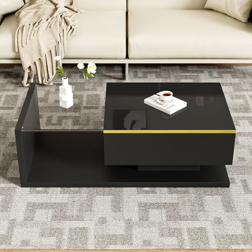 VSOGA Couchtisch 100 cm, Hochglanz Schwarz mit Glas & LED-Effekt – Moderner Beistelltisch von VSOGA