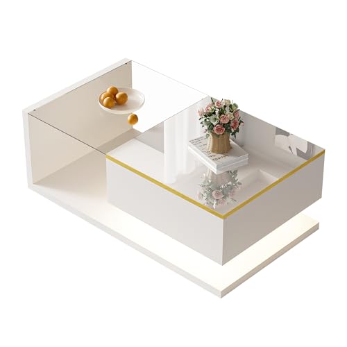 VSOGA Couchtisch 90 cm, Hochglanz Weiß mit Glas & LED-Effekt – Moderner Beistelltisch von VSOGA
