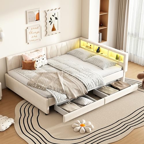 VSOGA Daybed 140x200 cm, Sofa Bed with Storage, USB & Type-C, LED ambient Light Remote, 2 Drawers, slatted Frame, Linen, beige, Mattress Excluded von VSOGA