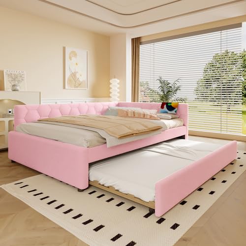 VSOGA Daybett 140x200cm, Schlafsofa mit Lattenrost (ohne Matratze), Nachttischlampe, multifunktionales Ausziehbett, USB- und Typ-C-Anschluss, Komfortmaterial Vliesimitat, rosa von VSOGA