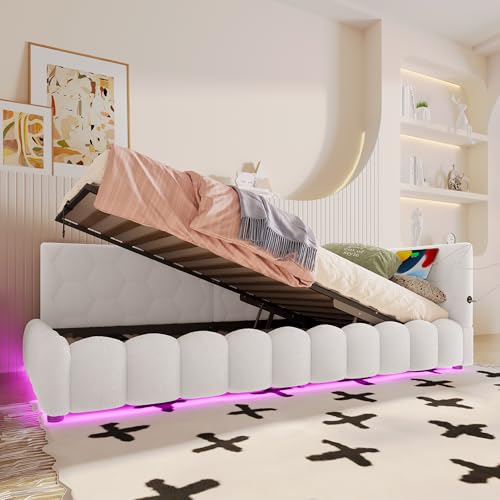 VSOGA Daybett 90x200cm, Schlafsofa mit Lattenrost (ohne Matratze), LED-Lichtleiste, hydraulischer Hebemechanismus, USB- und Typ-C-Anschluss, Komfortmaterial Vliesimitat, weiß von VSOGA