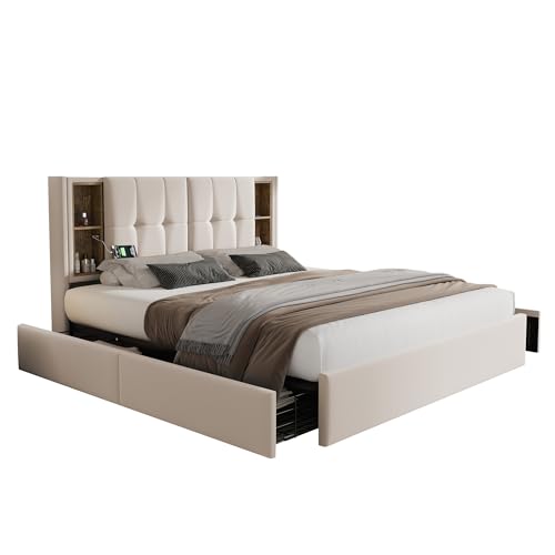 VSOGA Doppelbett mit Kabellosem Laden USB C& 4 Schubladen, Polsterbett Bettgestell 160x200cm, Lattenrost aus Holz-Beige Samt (Ohne Matratze) von VSOGA