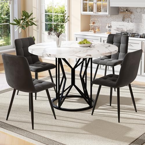 VSOGA Esstisch-Set (5-teilig), Esstisch-Set mit 4 Stühlen, Küchentisch-Set, runder Esstisch mit 100 cm Durchmesser, weiße MDF-Tischplatte,Grauer Samt-Esszimmerstuhl von VSOGA