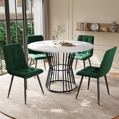 VSOGA Esstisch-Set (5-teilig), Esstisch-Set mit 4 Stühlen, Küchentisch-Set, runder Esstisch mit 100 cm Durchmesser und schwarzen Metallbeinen, weiße MDF-Tischplatte, grüne Samt-Esszimmerstühle von VSOGA