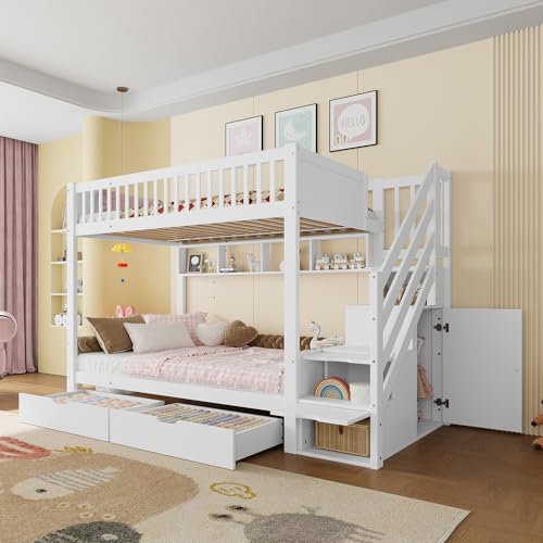 VSOGA Etagenbett 90x200cm, ohne Matratze, mit Schublade, Regal, Kleiderschrank, Staufach, weiß, Kinderbett von VSOGA