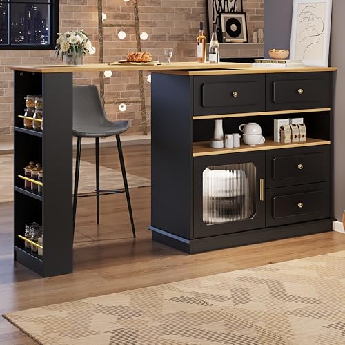 VSOGA Extendable bar Table with Storage (125-181×39×104.5 cm), 360° Rotating bar, modern Movable Kitchen Island Bistro Table, Sideboard with Shelves and Glass, Black von VSOGA