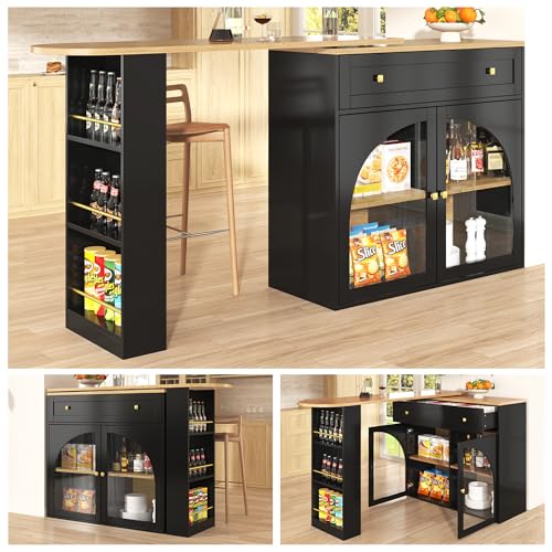 VSOGA Extendable bar Table with Storage (138-204×39×104 cm), 360° Rotating bar, modern Movable Kitchen Island, Sideboard with Shelves and Glass, Black von VSOGA