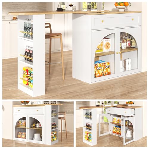 VSOGA Extendable bar Table with Storage (138-204×39×104 cm), 360° Rotating bar, modern Movable Kitchen Island, Sideboard with Shelves and Glass, White von VSOGA