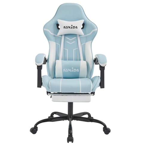 VSOGA Gaming-Stuhl mit Fußstütze, ergonomischer Computerstuhl mit Lendenwirbelstütze – Blau-Weiß VSOGA Gaming-Stuhl mit Fußstütze, ergonomischer Computerstuhl mit Lendenwirbelstütze – Blau-Weiß von VSOGA
