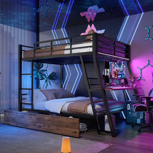 VSOGA Hochbett 140x200 cm mit LED-Leiste, Schubladen, Treppe, Geländer, Schreibtisch, Metallrahmen, Schwarz (ohne Matratze) von VSOGA