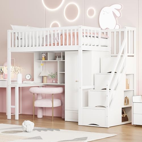VSOGA Hochbett 90 x 200 mit großem Kleiderschrank Regal und Tisch, Stauraum Treppe Mehrzweckbetteinheit Holzbettgestell weiß VSOGA Hochbett 90 x 200 mit großem Kleiderschrank Regal und Tisch, Stauraum Treppe Mehrzweckbetteinheit Holzbettgestell weiß von VSOGA