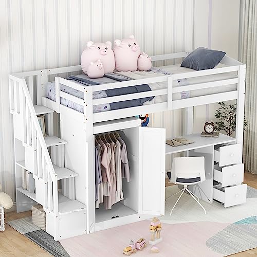VSOGA Hochbett mit Kleiderschrank, Treppe, Schreibtisch, Schubladen und Schrank, weiß, 90x200 cm von VSOGA