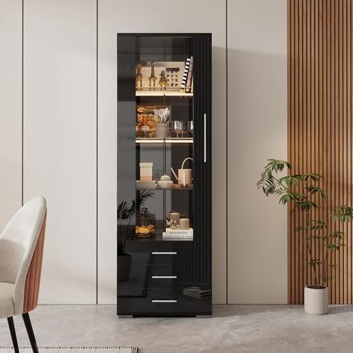VSOGA Hochglanz Vitrine 60x35x180cm, Glasvitrine mit LED-Beleuchtung, Standvitrine, vertikal mit 3 Schubladen, Schwarz von VSOGA