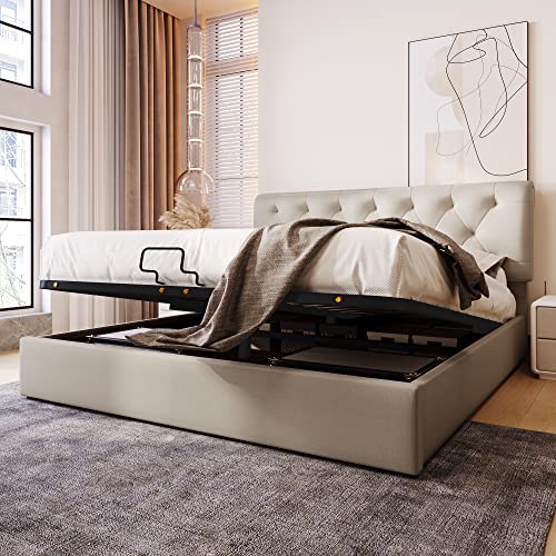 VSOGA Hydraulisch Doppelbett Polsterbett 160x200cm, Verstellbares Kopfteil, Bett mit Lattenrost aus Metallrahmen, Modernes Bettgestell mit Stauraum, Natürlich von VSOGA