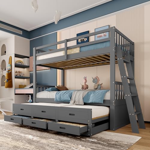 VSOGA Kids’ bunk Bed 90x200 cm, House Style, Pine and MDF Frame, Ladder, Pull-Out Bed, 3 Drawers, Mattress Excluded, Gray von VSOGA