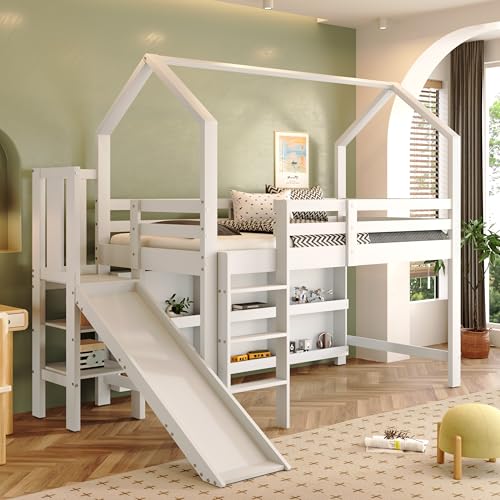 VSOGA Kinderbett, Einzelbett, 90 * 200 cm, Multifunktionales Kinderbett,Mit Rutsche & Treppen & Schließfach & Regal,Ohne Matratze, Massivholz+MDF, Weiß VSOGA Kinderbett, Einzelbett, 90 * 200 cm, Multifunktionales Kinderbett,Mit Rutsche & Treppen & Schließfach & Regal,Ohne Matratze, Massivholz+MDF, Weiß von VSOGA
